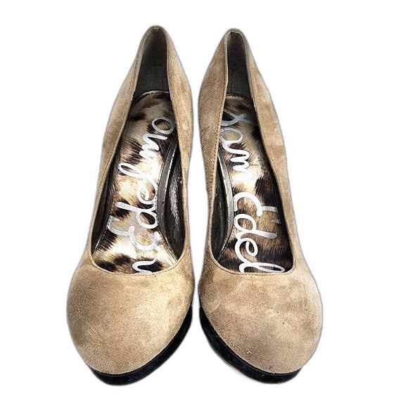 Sam Edelman Ulysa Putty & Black Suede Snakeskin Embossed Platform Heels Size 7 - Picture 2 of 10